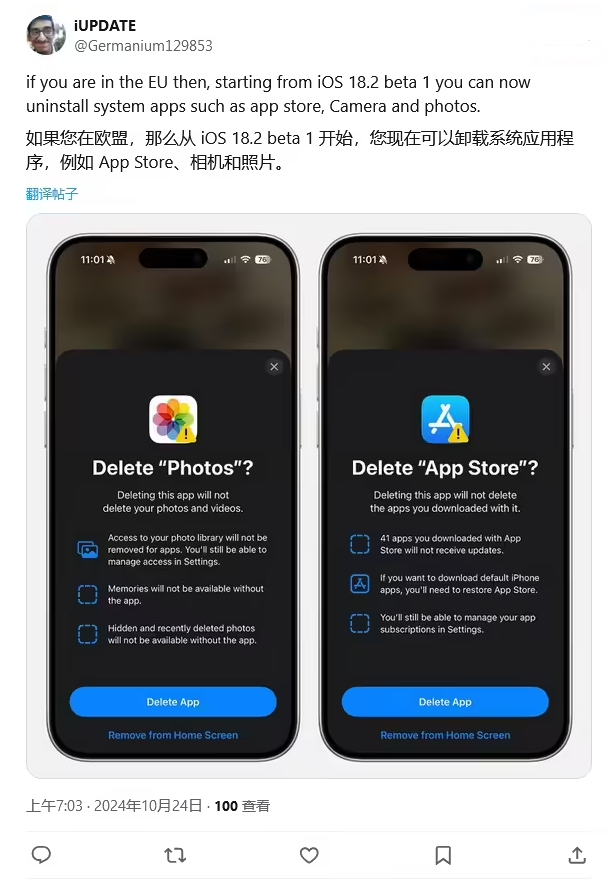 靖安苹果手机维修分享iOS 18.2 支持删除 App Store 应用商店 