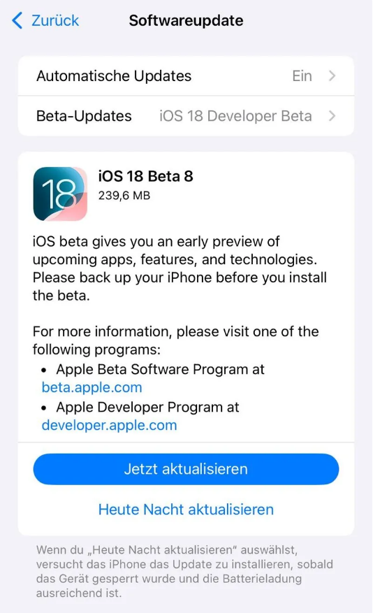 靖安苹果手机维修分享苹果 iOS / iPadOS 18 开发者预览版 Beta 8 发布 